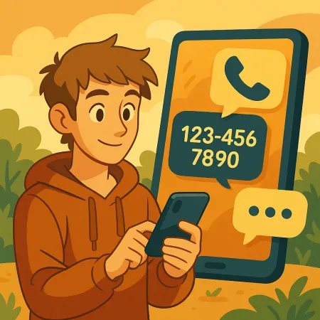 En ung mand med et smil iført en hættetrøje, der bruger sin smartphone, med en stor telefonbaggrund, der viser et opkaldsikon og et fiktivt telefonnummer (123-456-7890), i en stilfuld og varm udendørs indstilling.