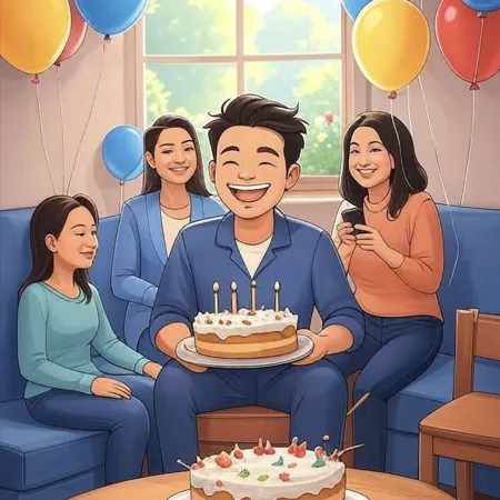 Smilende mand, der holder en kage med fem lys, omgivet af nærmeste familie i en stue dekoreret med farverige balloner.
