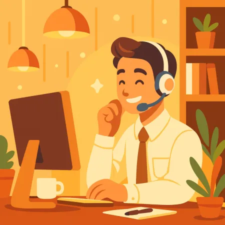 Illustration af en smilende mand med hovedtelefoner, der arbejder på en stationær computer i en varm og komfortabel atmosfære med planter og en kop kaffe