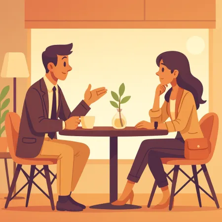 Illustration af to personer, der taler ansigt til ansigt i en café, en mand i jakkesæt og en kvinde i smart afslappet tøj, siddende ved et bord med en lille plante i midten.
